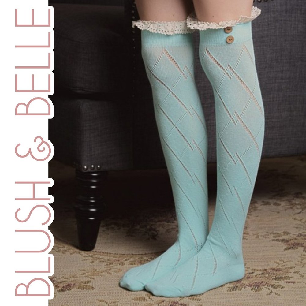 Knee High Diamond Knit Lace Boot Socks MINT